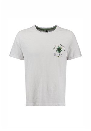 T-shirt blanc à col rond en tissu léger, avec une broderie de palmier vert et du texte sur la zone du côté gauche de la poitrine. Manches courtes.