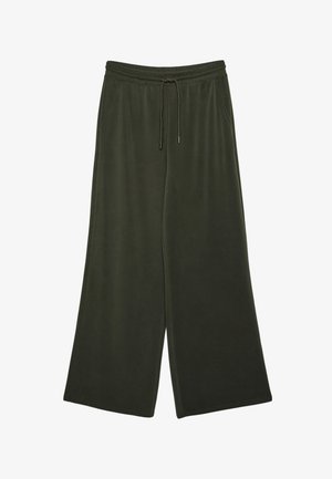 Wide-leg pants made of soft, textured fabric in a dark olive green color. Features an elastic waistband and drawstring for adjustable fit.