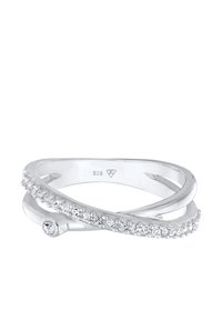 Sterling sølv ring med sammenflettede bånd. Et bånd har en række klare krystaller, mens det andet har en glat finish og en rund accent.