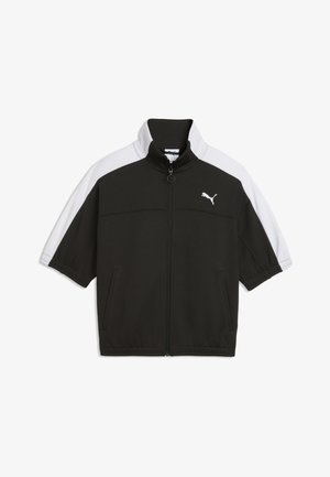 Giacca sportiva nera con maniche corte, dettagli bianchi sulle spalle, chiusura con zip e piccolo logo sul petto. Realizzata in materiale liscio e leggero.