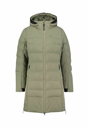 Puffer jacket in light olive green with a hood, featuring a zip front, side pockets, and quilted texture for insulation.