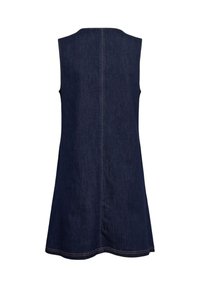 Robe en denim bleu foncé sans manches avec légère évasement et coutures visibles le long du centre du dos et de l'ourlet.