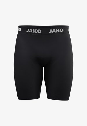 Schwarze Kompressionsshorts mit breitem Bund und dem Markennamen JAKO in grauen Buchstaben.