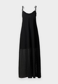 Black maxi dress with spaghetti straps, featuring a textured polka dot pattern and a sheer lower panel. Lightweight fabric, relaxed fit.