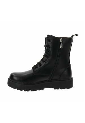 Stivaletto in pelle nera con punta rotonda, chiusura con lacci davanti, zip laterale e suola in gomma testurizzata. Design robusto adatto a diverse condizioni.