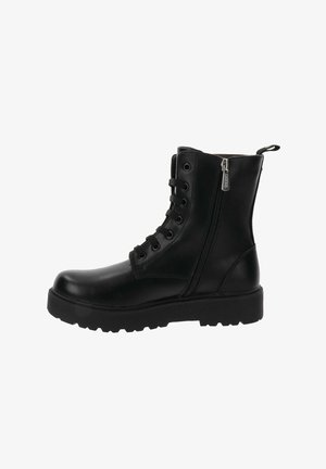 Stivaletto in pelle nera con punta rotonda, chiusura con lacci davanti, zip laterale e suola in gomma testurizzata. Design robusto adatto a diverse condizioni.