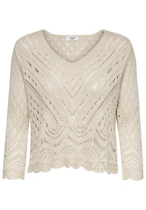 Pull en tricot crème avec un décolleté en V, des manches trois-quarts et un ourlet en dentelle. Présente un motif ajouré avec des designs en zigzag et ovales.