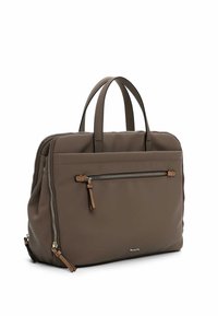 Brown synthetic material laptop bag with dual top handles, zippers, and a front pocket detail. Features a smooth texture and minimalist design.
