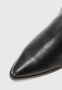 Scarpa in pelle nera con punta affusolata, dal texture liscia e una leggera lucentezza, posizionata su uno sfondo bianco semplice.