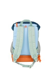 Backpack featuring a light blue body, navy top, orange bottom, and green straps. Includes mesh side pockets and two zipper compartments.