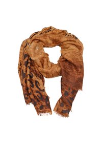 Sciarpa con stampa leopardata in toni caldi di marrone, caratterizzata da un tessuto morbido e testurizzato con bordi sfrangiati e un motivo di macchie scure su uno sfondo più chiaro.