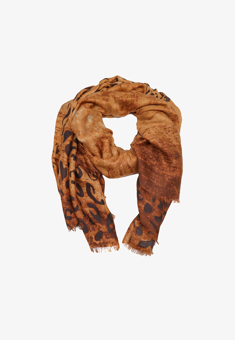 Sciarpa con stampa leopardata in toni caldi di marrone, caratterizzata da un tessuto morbido e testurizzato con bordi sfrangiati e un motivo di macchie scure su uno sfondo più chiaro.