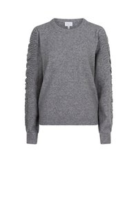 Grijze sweatshirt met een geribbelde textuur en gatheringdetails op de mouwen. Ronde halslijn en aansluitende manchetten. Gemaakt van zacht, comfortabel materiaal.
