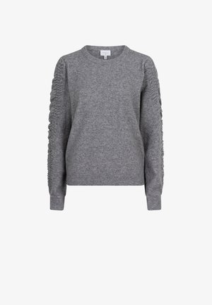 Grijze sweatshirt met een geribbelde textuur en gatheringdetails op de mouwen. Ronde halslijn en aansluitende manchetten. Gemaakt van zacht, comfortabel materiaal.