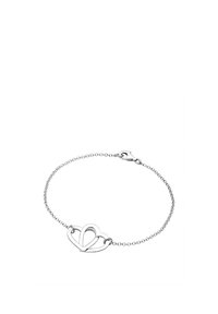 Silbernes Armband mit einem verwobenen Herzdesign, mit einer zarten Kette und einem Karabinerverschluss. Glatte Metalloberfläche und schlanke Form.