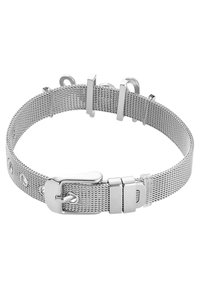 Bracciale in rete argentata con una superficie liscia, chiusura metallica rettangolare e maglie regolabili con ritagli circolari lungo il cinturino.