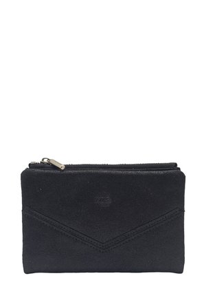 Pochette en daim noir avec fermeture éclair, présentant une surface texturée et un motif en chevrons sur le devant, mesurant environ 12,7x10,2 cm.