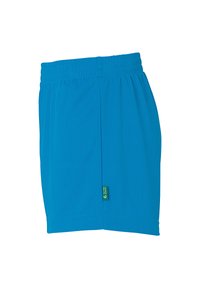 Shorts de sport bleus avec une taille élastique, en matière synthétique lisse, et une petite étiquette verte sur le côté.