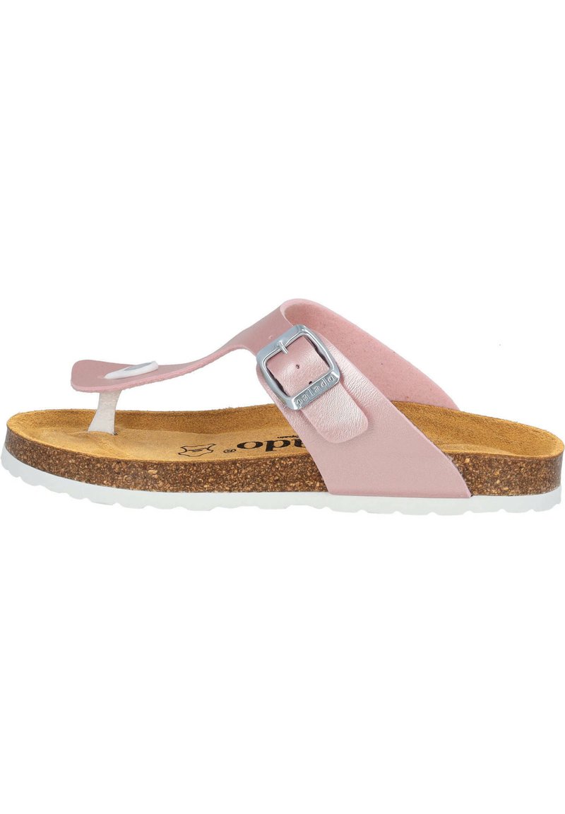 Rosa lädertring-sandal med spänne, korkfotbädd och vit gummisula. Har en slät textur och minimalistisk design.