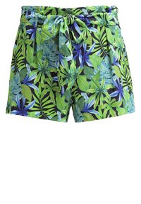 Blommönstrade shorts med svart bakgrund och gröna samt blå bladmönster, ett knytskärp och avslappnad passform. Tillverkade av lättviktsmaterial.