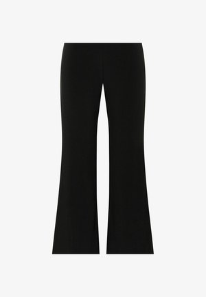 Pantaloni neri a zampa d'elefante con una texture liscia ed elastica e una vita aderente. Il design presenta una gamba larga che si estende sotto il ginocchio.