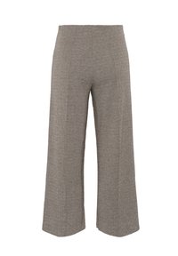 Spodnie o szerokich nogawkach w wzór houndstooth, wykonane z teksturowanej tkaniny w beżowych i szarych odcieniach, z wysokim stanem i bez zapięć.