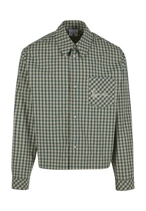 Pitkähihainen nappipaita, jossa on vihreä-beige ruutukuosi, terävä kaulus ja etutasku, jossa valkoinen kirjailtu logo.