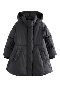 Doudoune noire avec capuche, dotée d'un col montant, de deux poches frontales à fermeture pression, et d'un design matelassé texturé.