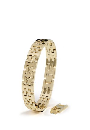 Goldenes Metallarmband mit einem entfernten Glied, aufrecht stehend mit dem entfernten Glied daneben auf weißem Hintergrund.