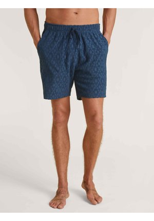 Shorts de bain à motif bleu avec une taille élastique, cordon de serrage et poches, présentant un tissu texturé et une longueur mi-cuisse.