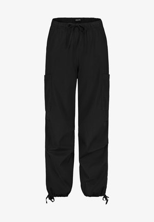 Schwarze Cargo-Hosen aus leichtem Stoff, mit elastischem Bund und Kordelzug, zwei Seitentaschen und elastischen Bündchen.