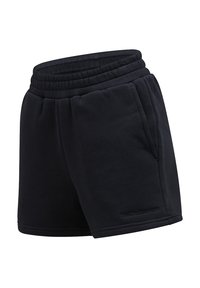 Schwarze Baumwollshorts mit elastischem Bund, zwei Seitentaschen und gestickten Details. Ein Logo befindet sich am linken Saum.
