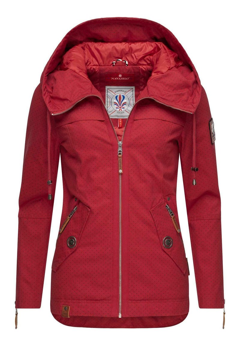 Red jacket with a hood, zip front, and two side pockets. Features a patterned texture, adjustable hood drawstrings, and decorative hardware.