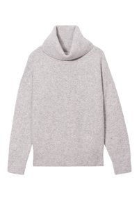 Suéter de cuello alto en gris claro, hecho de tejido de punto suave. Presenta un cuello ancho y mangas largas con puños y dobladillo acanalados.