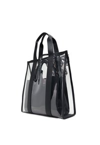 Borsa tote trasparente con dettagli in pelle nera, forma rettangolare, doppio manico e lati trasparenti, che mostra un compartimento interno nero.