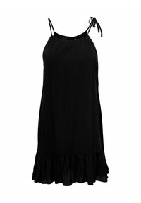 Vestido negro sin mangas con tirantes ajustables, escote fruncido y dobladillo acampanado con volantes. Fabricado con tela suave y ligera.