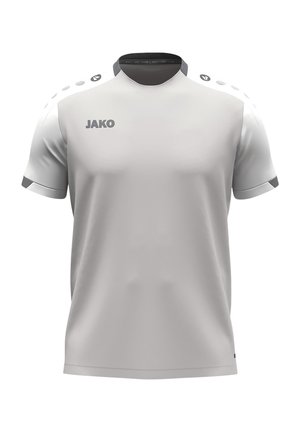 Weißes Sportshirt mit kurzen Ärmeln und schwarzem Kragenabschluss, JAKO-Logo auf der Brust und kleinen gemusterten Logos auf Schultern und Ärmeln.