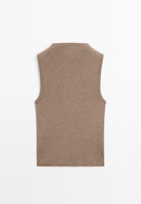 Brown sleeveless top made from soft fabric, featuring a high neck and subtle texture. Clean, simple shape with no visible pattern or embellishments.