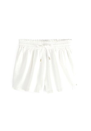 Weiße Damen-Shorts mit elastischem Rüschensaum und verstellbaren Kordeln, leichter Stoff, lässiger Stil.