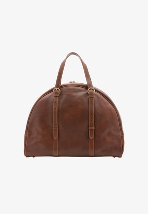 Borsa da viaggio in pelle marrone con forma arrotondata, doppi manici superiori, hardware dorato e dettagli di cucitura a contrasto. Chiusura con zip sulla parte superiore.