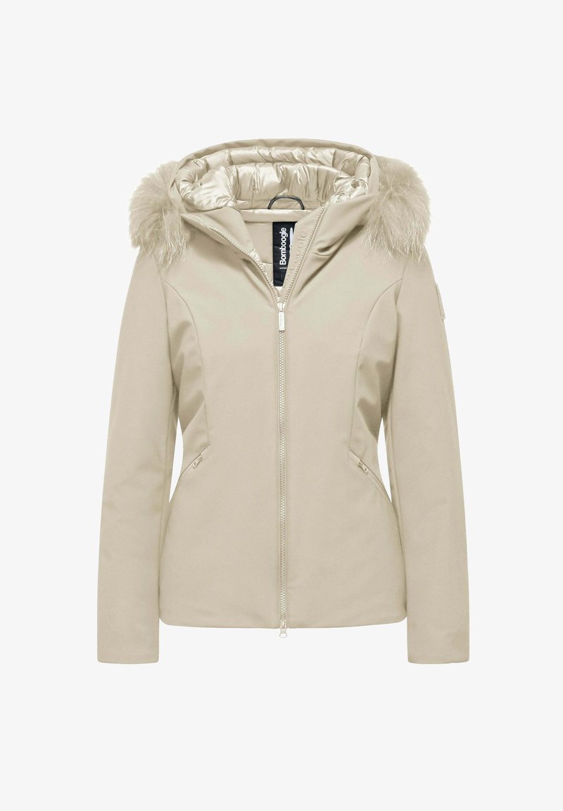Beige jasje met een zachte kunstbontkap, ritsluiting en een gladde textuur. Voorzien van twee voorzakken en een elegante silhouet.