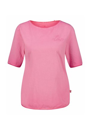 Rosa Kurzarmshirt aus weicher Baumwolle mit rundem Halsausschnitt und gesticktem "love"-Detail auf der Brust. Glatte Textur und lockere Passform.