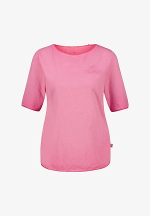 Rosa Kurzarmshirt aus weicher Baumwolle mit rundem Halsausschnitt und gesticktem "love"-Detail auf der Brust. Glatte Textur und lockere Passform.