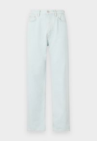 Vaqueros de tiro recto de color azul claro, hechos de denim, con cierre de botón, sutiles desgastes y diseño de cinco bolsillos.