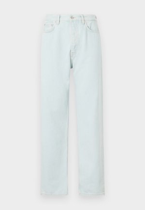 Lyseblå lige bukser lavet af denim, med knaplukning, diskret slid, og fem-lomme design.