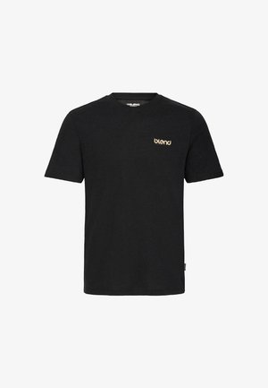 Svart bomulls-T-skjorte med korte ermer, V-hals og en subtil logo i lys brun på venstre bryst. Myk tekstur, klassisk passform.