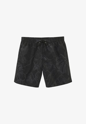 Schwarze Badehose mit floralem Muster in dunkleren Farbtönen. Hergestellt aus leichtem Material, mit elastischem Bund und Kordelzug.