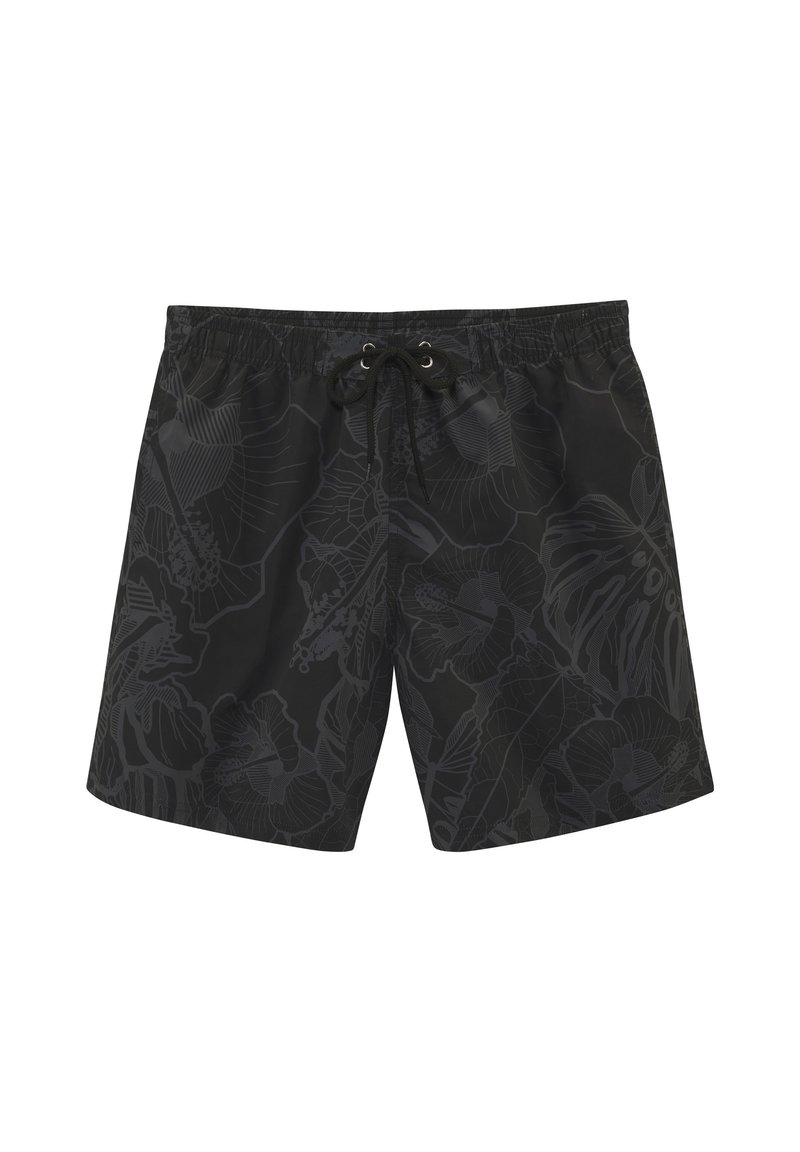 Črne kopalne hlače s cvetličnim vzorcem v temnejših odtenkih. Narejene iz lahkega materiala, z elastičnim pasom in vrvico.