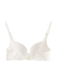 Bílá podšitá podprsenka s nastavitelnými ramínky, hladkou texturou a zapínáním na háčky vzadu. Jednoduchý design bez vzorů či ozdob.