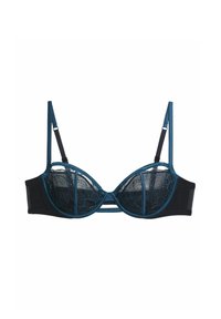 Černá a tyrkysová podprsenka s krajkovým designem, podpěrou s kosticemi, nastavitelnými ramínky a kontrastním páskem. Vybavená složitým krajkovým vzorem na košíčcích.